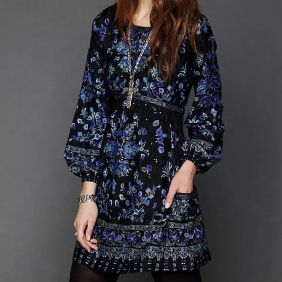 Free People Black Floral Sequin Short Dress Long Sleeve Womens Size Small Medium - Picture 1 of 16